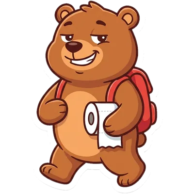A smug bear heading to the woods with a roll of toilet paper