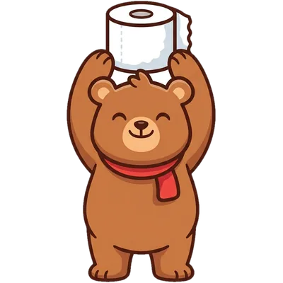 A proud bear lifting a roll of toilet paper like a trophy