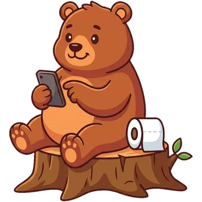 A bear on a tree stump, scrolling on a phone, toilet roll at its side
